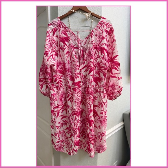 H&M Pink and White Floral summer Dress babydoll knee length v-neck long sleeve - Picture 2 of 12